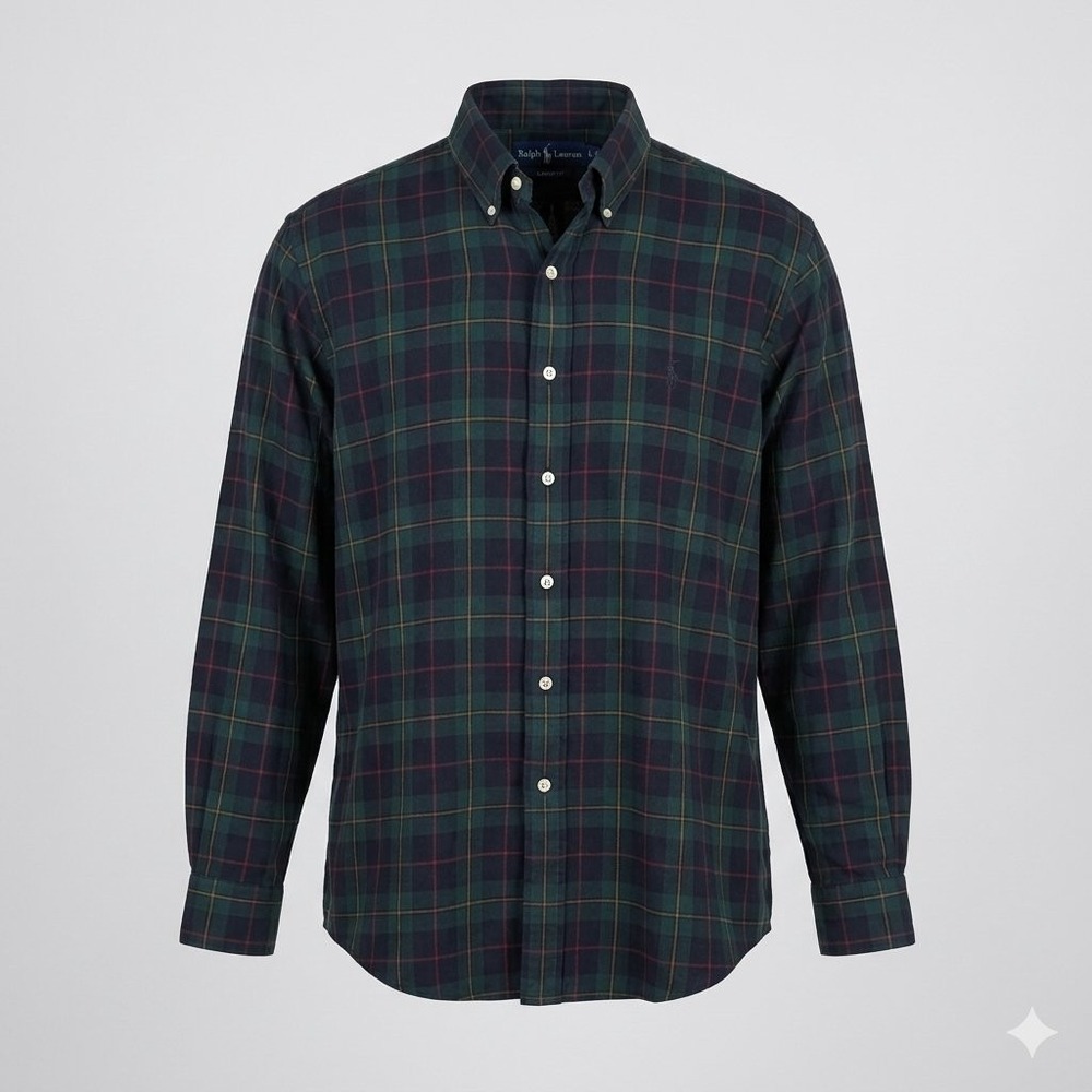 Ralph Lauren Vintage 90s Mens Classic Fit Plaid Button Up Shirt Green Navy Large